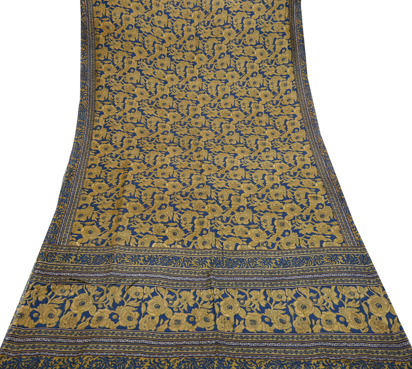 Indian Vintage Blue & Green Pure Silk Printed Saree 5 Yards Soft Floral Fabric for Dressmaking, Quilting, Crafting, Sewing,  Upcycling