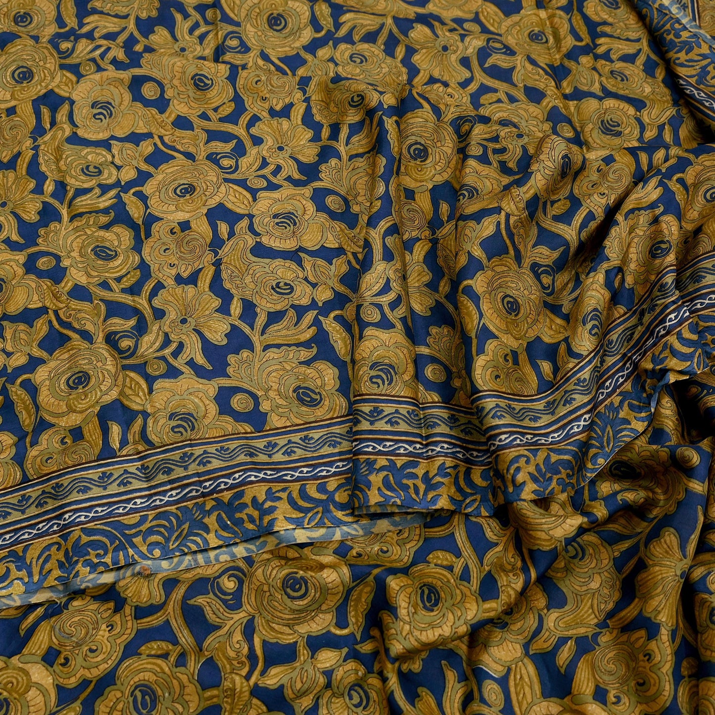 Indian Vintage Blue & Green Pure Silk Printed Saree 5 Yards Soft Floral Fabric for Dressmaking, Quilting, Crafting, Sewing,  Upcycling