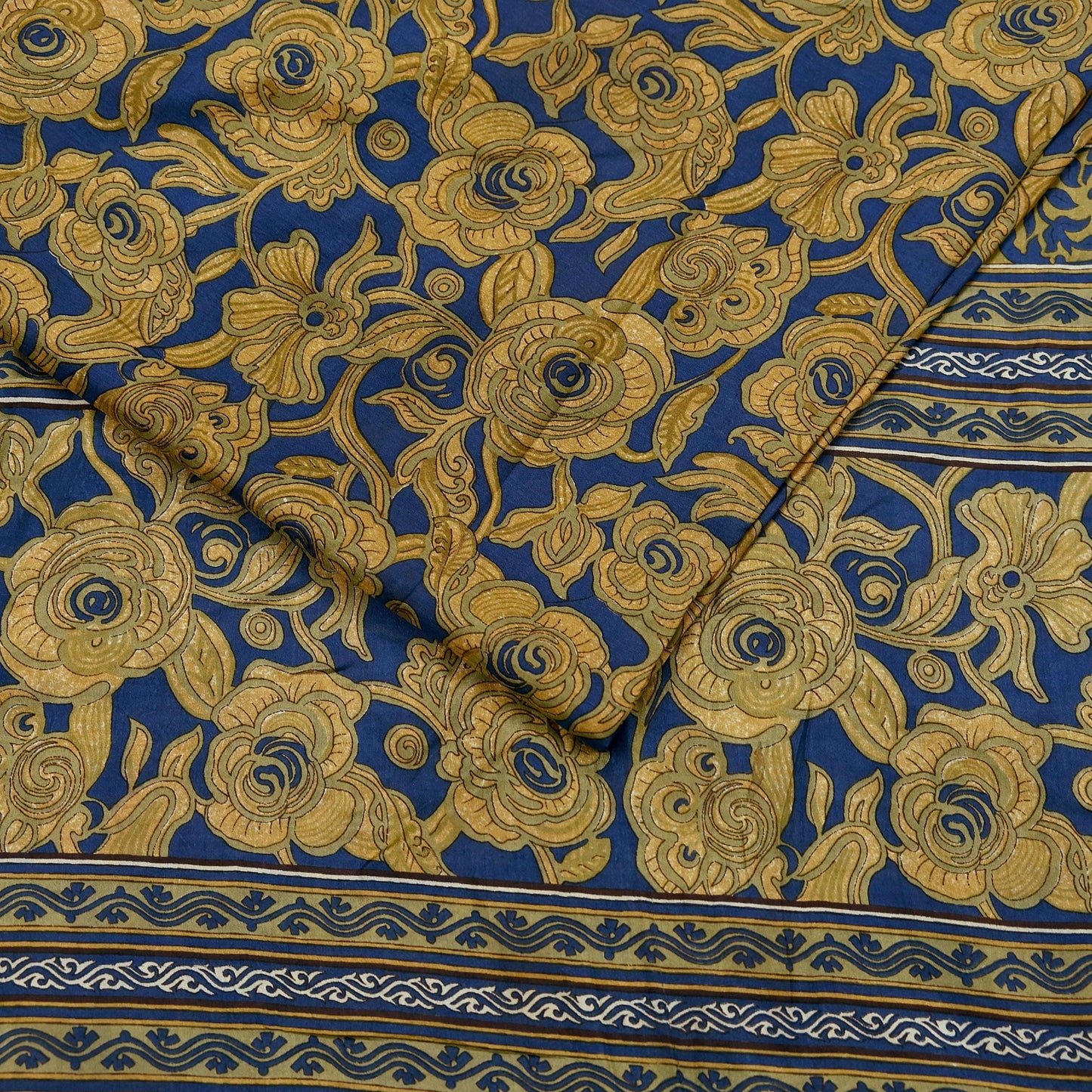 Indian Vintage Blue & Green Pure Silk Printed Saree 5 Yards Soft Floral Fabric for Dressmaking, Quilting, Crafting, Sewing,  Upcycling