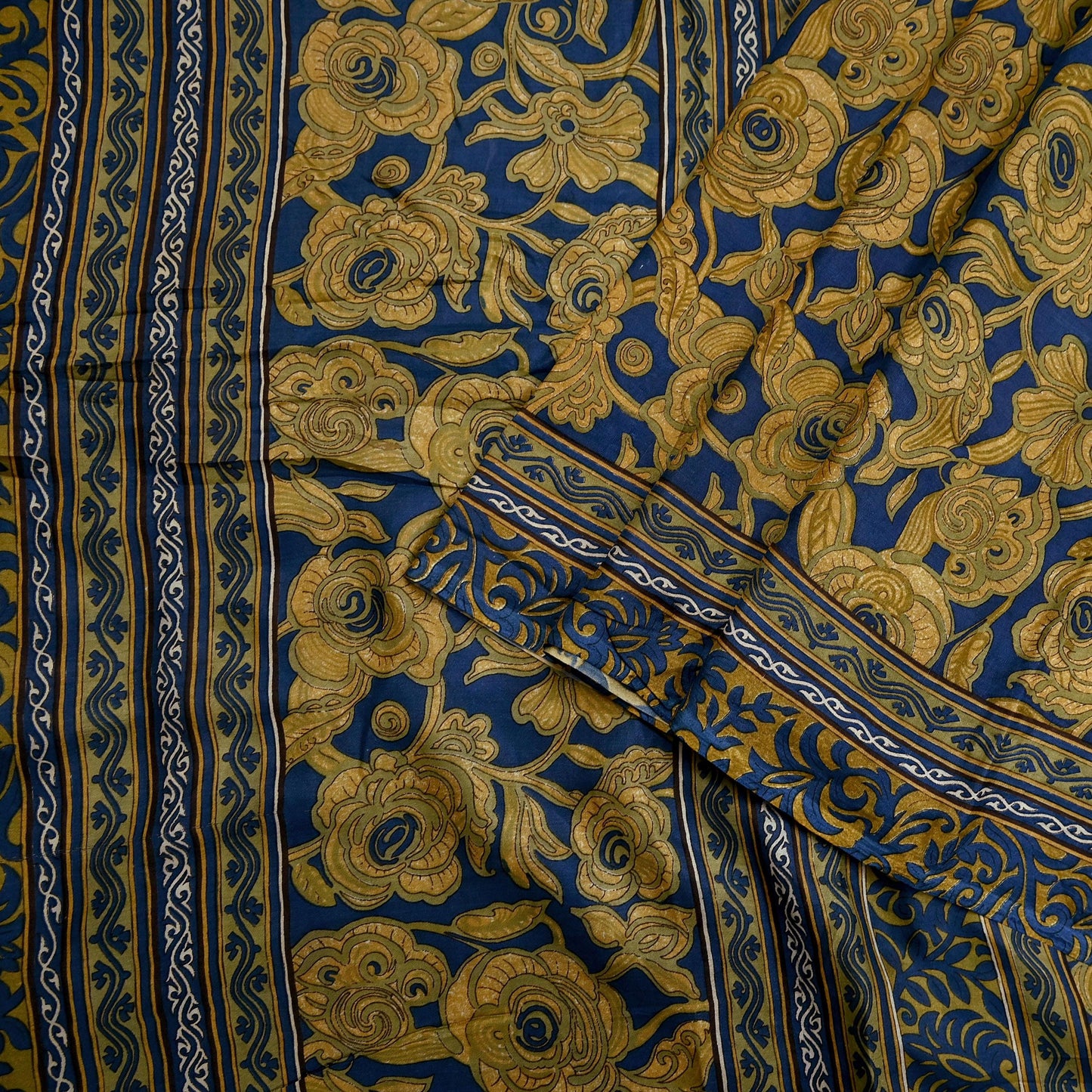 Indian Vintage Blue & Green Pure Silk Printed Saree 5 Yards Soft Floral Fabric for Dressmaking, Quilting, Crafting, Sewing,  Upcycling