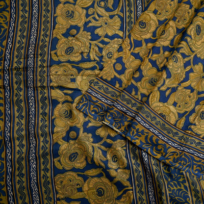 Indian Vintage Blue & Green Pure Silk Printed Saree 5 Yards Soft Floral Fabric for Dressmaking, Quilting, Crafting, Sewing,  Upcycling