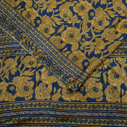 Indian Vintage Blue & Green Pure Silk Printed Saree 5 Yards Soft Floral Fabric for Dressmaking, Quilting, Crafting, Sewing,  Upcycling