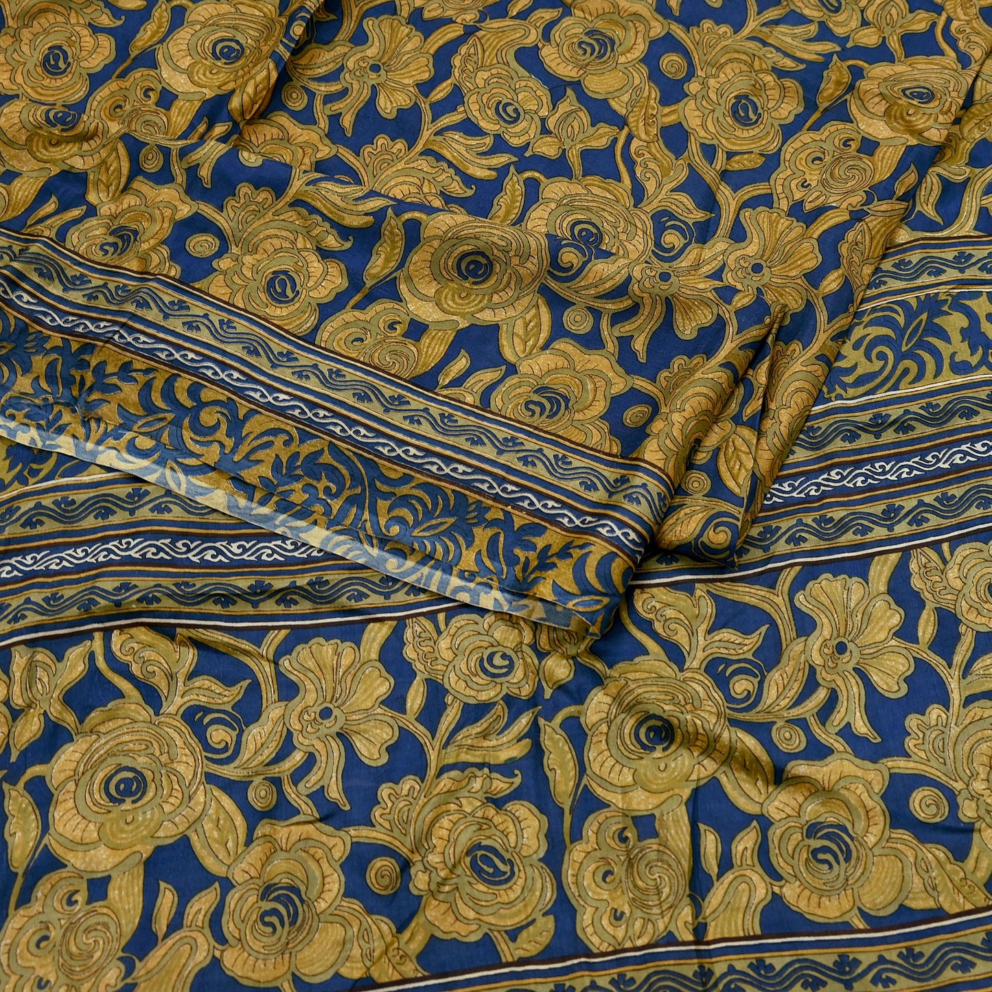 Indian Vintage Blue & Green Pure Silk Printed Saree 5 Yards Soft Floral Fabric for Dressmaking, Quilting, Crafting, Sewing,  Upcycling