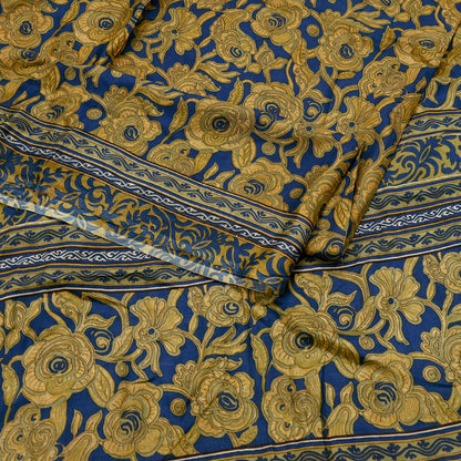 Indian Vintage Blue & Green Pure Silk Printed Saree 5 Yards Soft Floral Fabric for Dressmaking, Quilting, Crafting, Sewing,  Upcycling