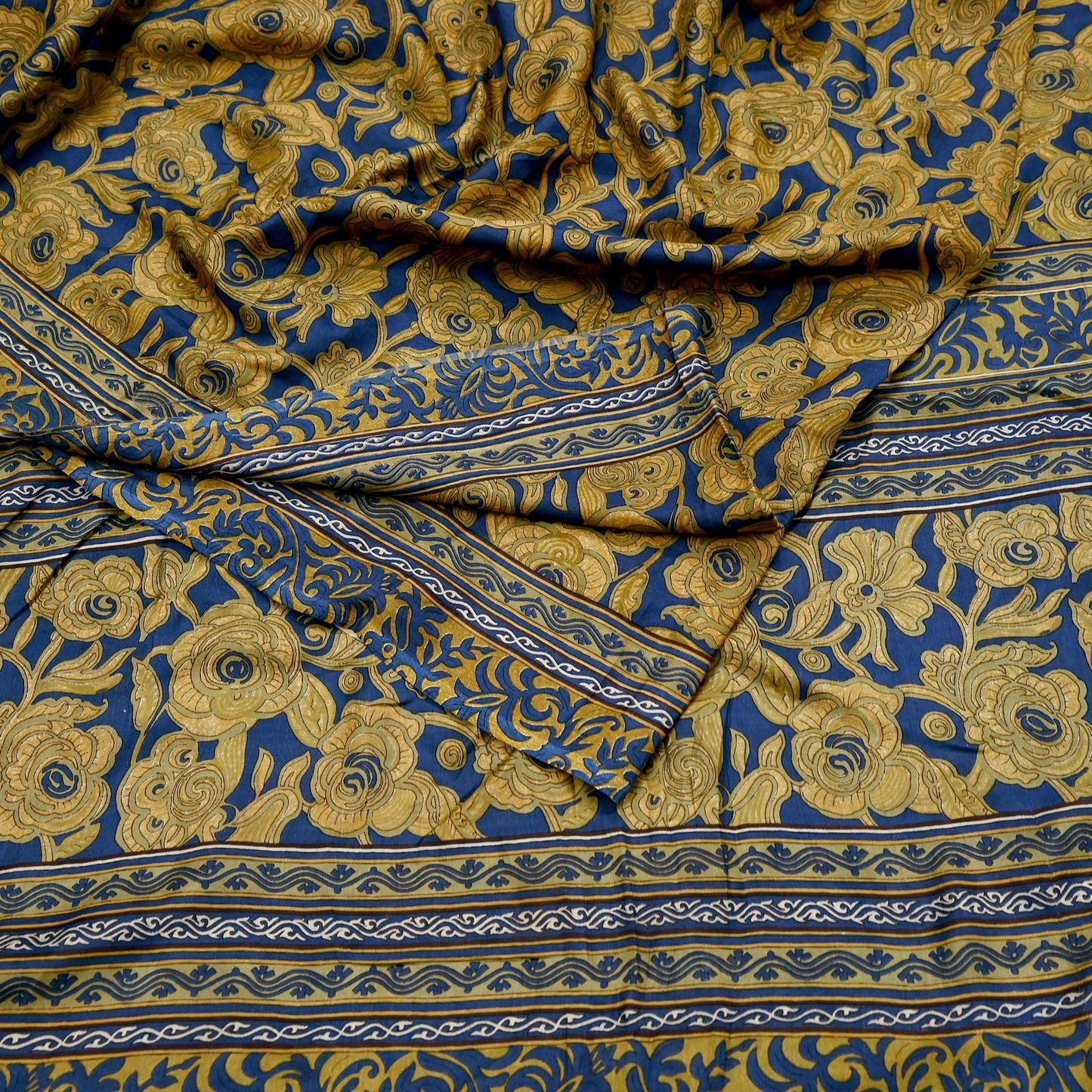 Indian Vintage Blue & Green Pure Silk Printed Saree 5 Yards Soft Floral Fabric for Dressmaking, Quilting, Crafting, Sewing,  Upcycling