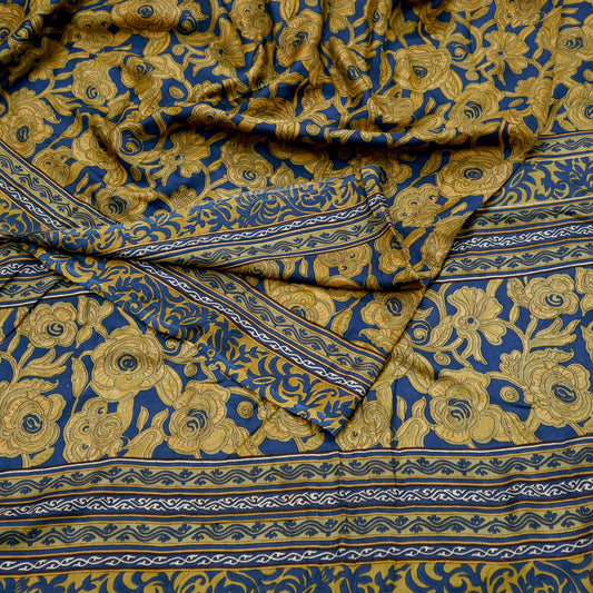 Indian Vintage Blue & Green Pure Silk Printed Saree 5 Yards Soft Floral Fabric for Dressmaking, Quilting, Crafting, Sewing,  Upcycling