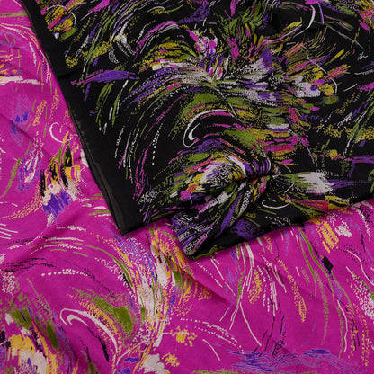 Indian Vintage Sari Pink & Black Printed Pure Silk Sarees 5yd Sewing Craft Fabric Floral Dress Making Soft Quilting Crafting Upcycle Used