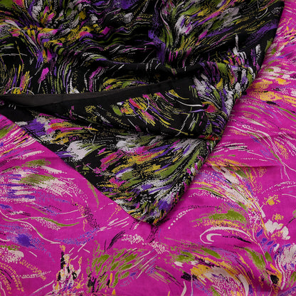 Indian Vintage Sari Pink & Black Printed Pure Silk Sarees 5yd Sewing Craft Fabric Floral Dress Making Soft Quilting Crafting Upcycle Used