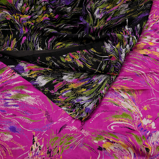 Indian Vintage Sari Pink & Black Printed Pure Silk Sarees 5yd Sewing Craft Fabric Floral Dress Making Soft Quilting Crafting Upcycle Used