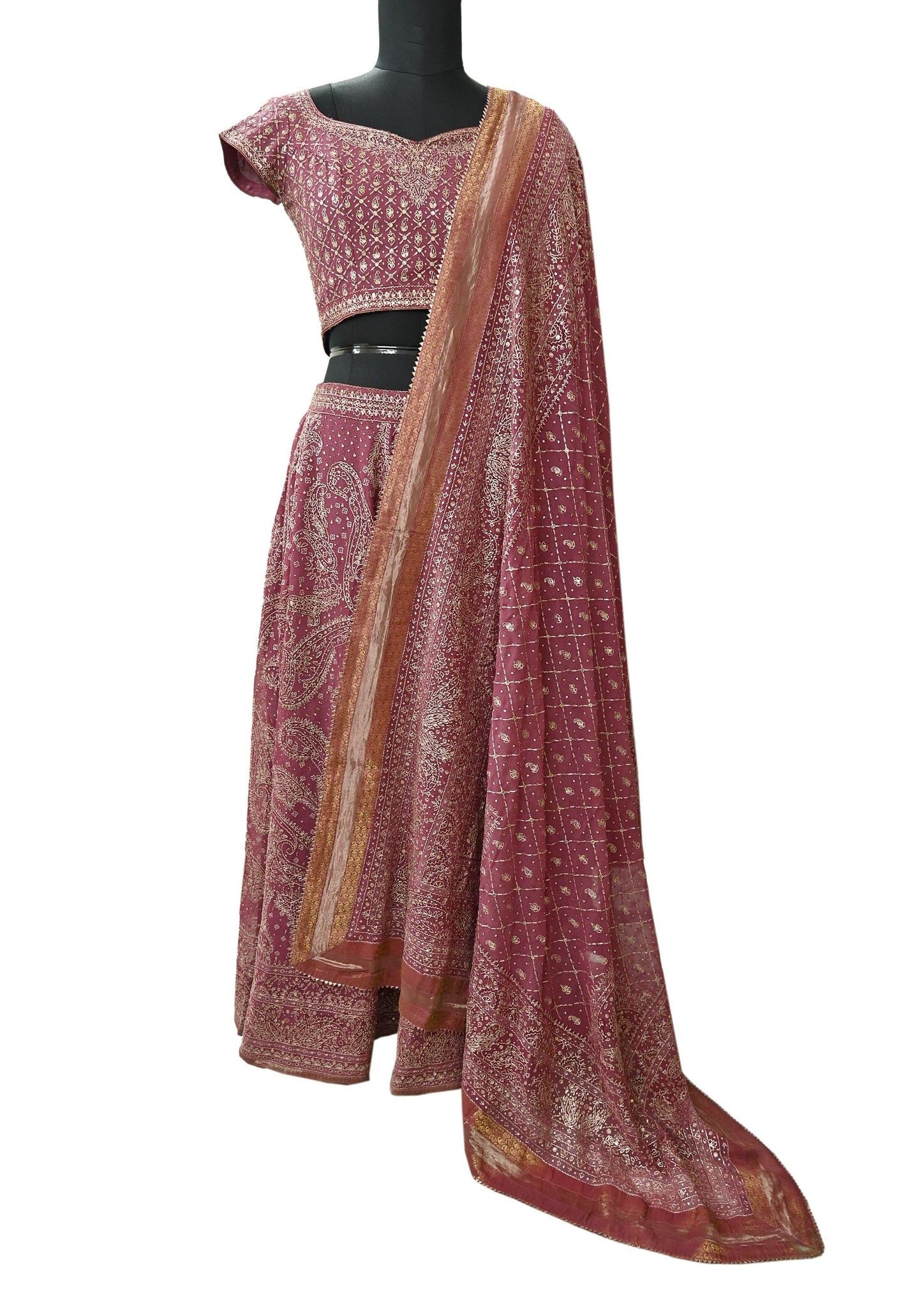 Indian Pre-owned Onion Pink Pure Georgette Silk Hand Embroidered Ritu Kumar Designer Lehenga 3pcs Set Ethnic Bollywood Party Wear