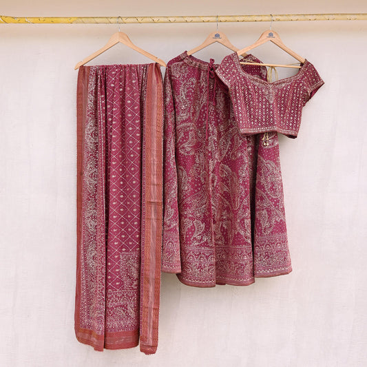 Indian Pre-owned Onion Pink Pure Georgette Silk Hand Embroidered Ritu Kumar Designer Lehenga 3pcs Set Ethnic Bollywood Party Wear