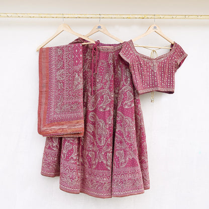 Indian Pre-owned Onion Pink Pure Georgette Silk Hand Embroidered Ritu Kumar Designer Lehenga 3pcs Set Ethnic Bollywood Party Wear