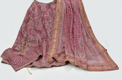 Indian Pre-owned Onion Pink Pure Georgette Silk Hand Embroidered Ritu Kumar Designer Lehenga 3pcs Set Ethnic Bollywood Party Wear