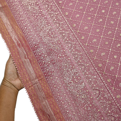 Indian Vintage Heavy Onion Pink Dupatta Pure Georgette Silk Long Stole Hand Embroidered Designer By Ritu Kumar Scarves Scarf Zari Zardozi