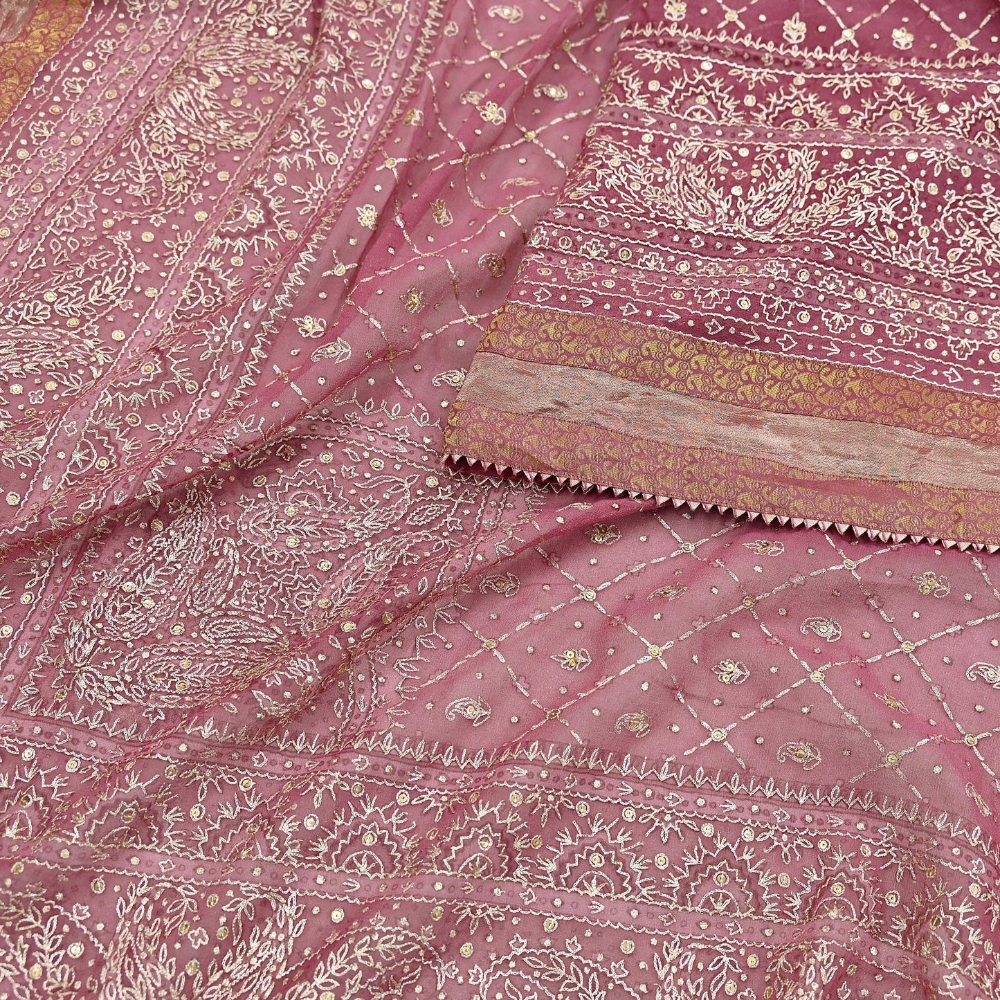 Indian Vintage Heavy Onion Pink Dupatta Pure Georgette Silk Long Stole Hand Embroidered Designer By Ritu Kumar Scarves Scarf Zari Zardozi