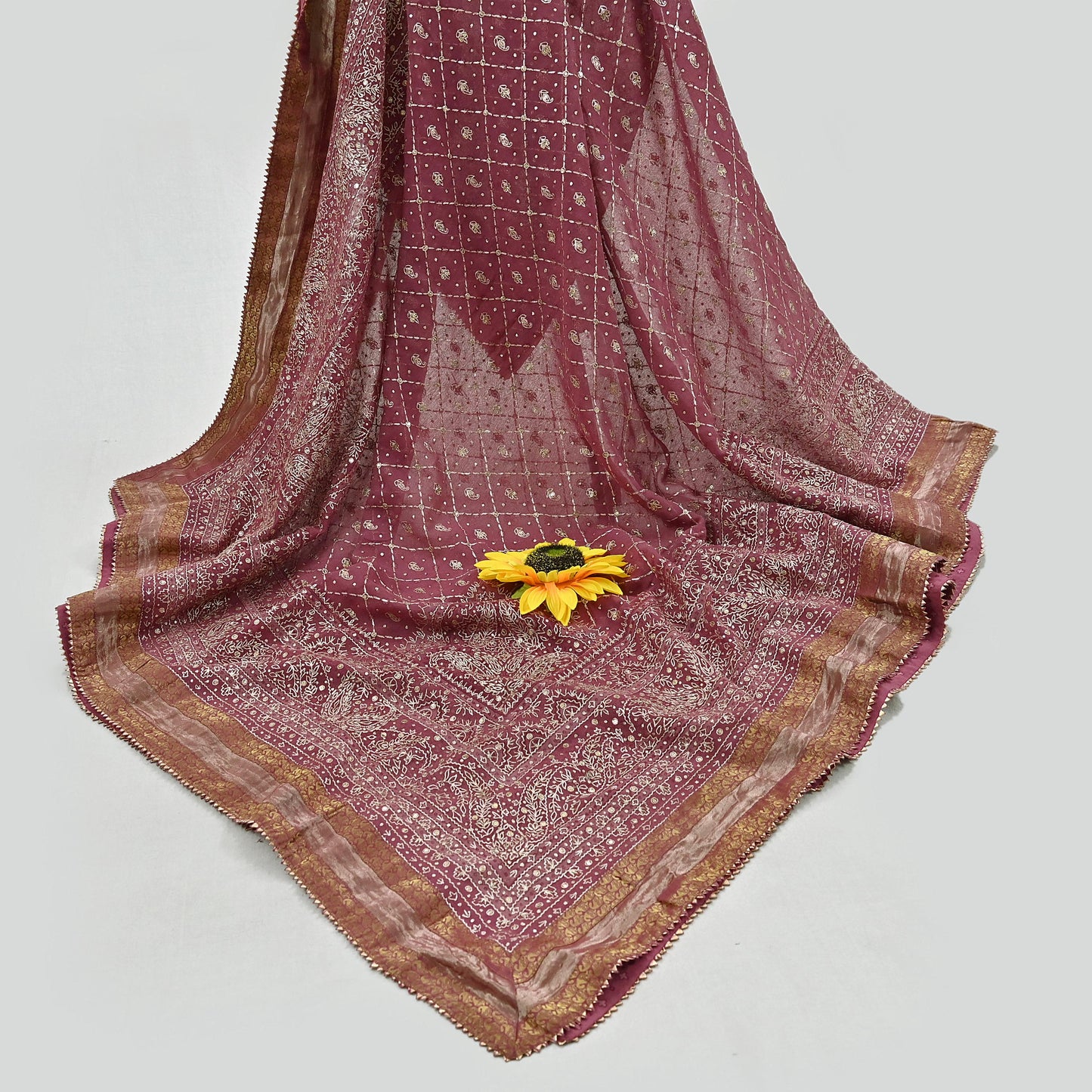 Indian Vintage Heavy Onion Pink Dupatta Pure Georgette Silk Long Stole Hand Embroidered Designer By Ritu Kumar Scarves Scarf Zari Zardozi