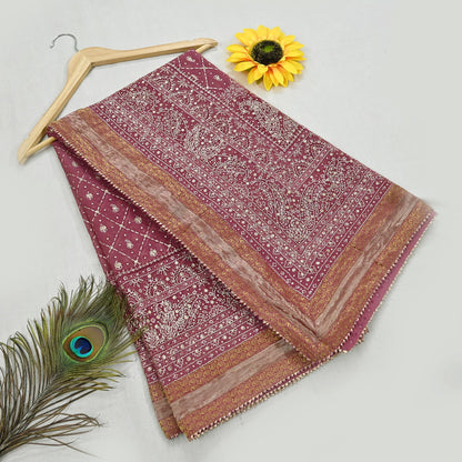 Indian Vintage Heavy Onion Pink Dupatta Pure Georgette Silk Long Stole Hand Embroidered Designer By Ritu Kumar Scarves Scarf Zari Zardozi