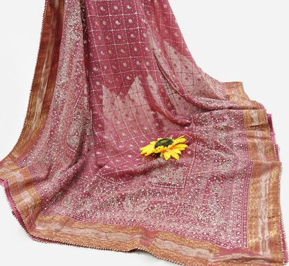 Indian Vintage Heavy Onion Pink Dupatta Pure Georgette Silk Long Stole Hand Embroidered Designer By Ritu Kumar Scarves Scarf Zari Zardozi
