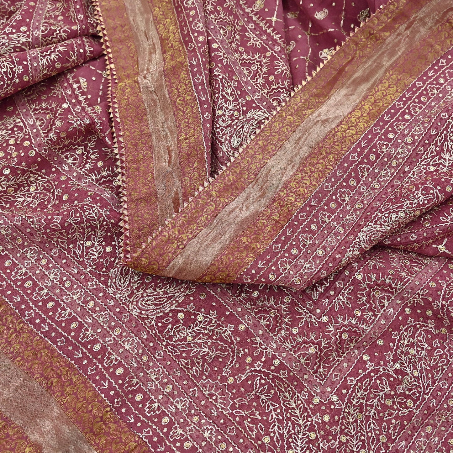 Indian Vintage Heavy Onion Pink Dupatta Pure Georgette Silk Long Stole Hand Embroidered Designer By Ritu Kumar Scarves Scarf Zari Zardozi