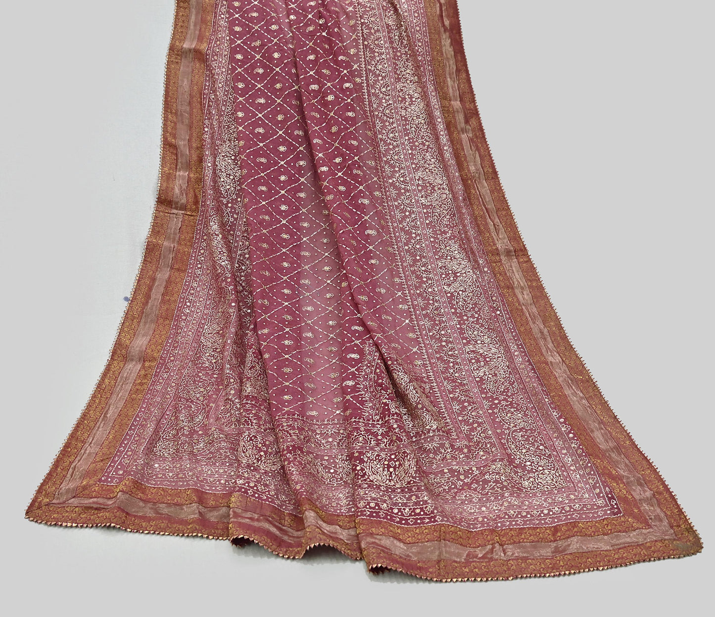 Indian Vintage Heavy Onion Pink Dupatta Pure Georgette Silk Long Stole Hand Embroidered Designer By Ritu Kumar Scarves Scarf Zari Zardozi