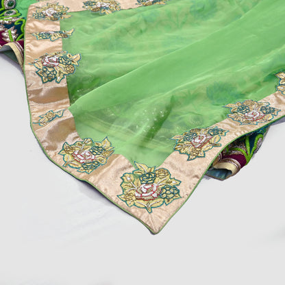 Indian Pre-owned Heavy Green Pure Chanderi Silk Hand Embroidered Lehenga Set Of 2pcs Designer By Manish Malhotra Party Wear