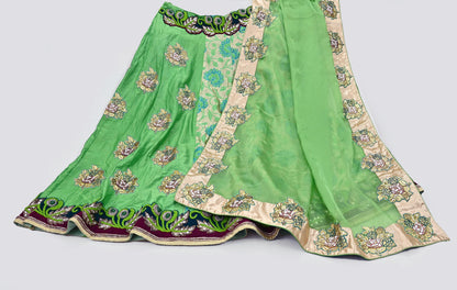 Indian Pre-owned Heavy Green Pure Chanderi Silk Hand Embroidered Lehenga Set Of 2pcs Designer By Manish Malhotra Party Wear