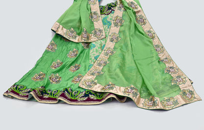 Indian Pre-owned Heavy Green Pure Chanderi Silk Hand Embroidered Lehenga Set Of 2pcs Designer By Manish Malhotra Party Wear