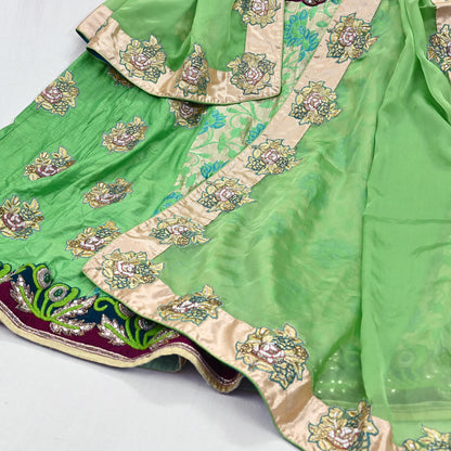 Indian Pre-owned Heavy Green Pure Chanderi Silk Hand Embroidered Lehenga Set Of 2pcs Designer By Manish Malhotra Party Wear