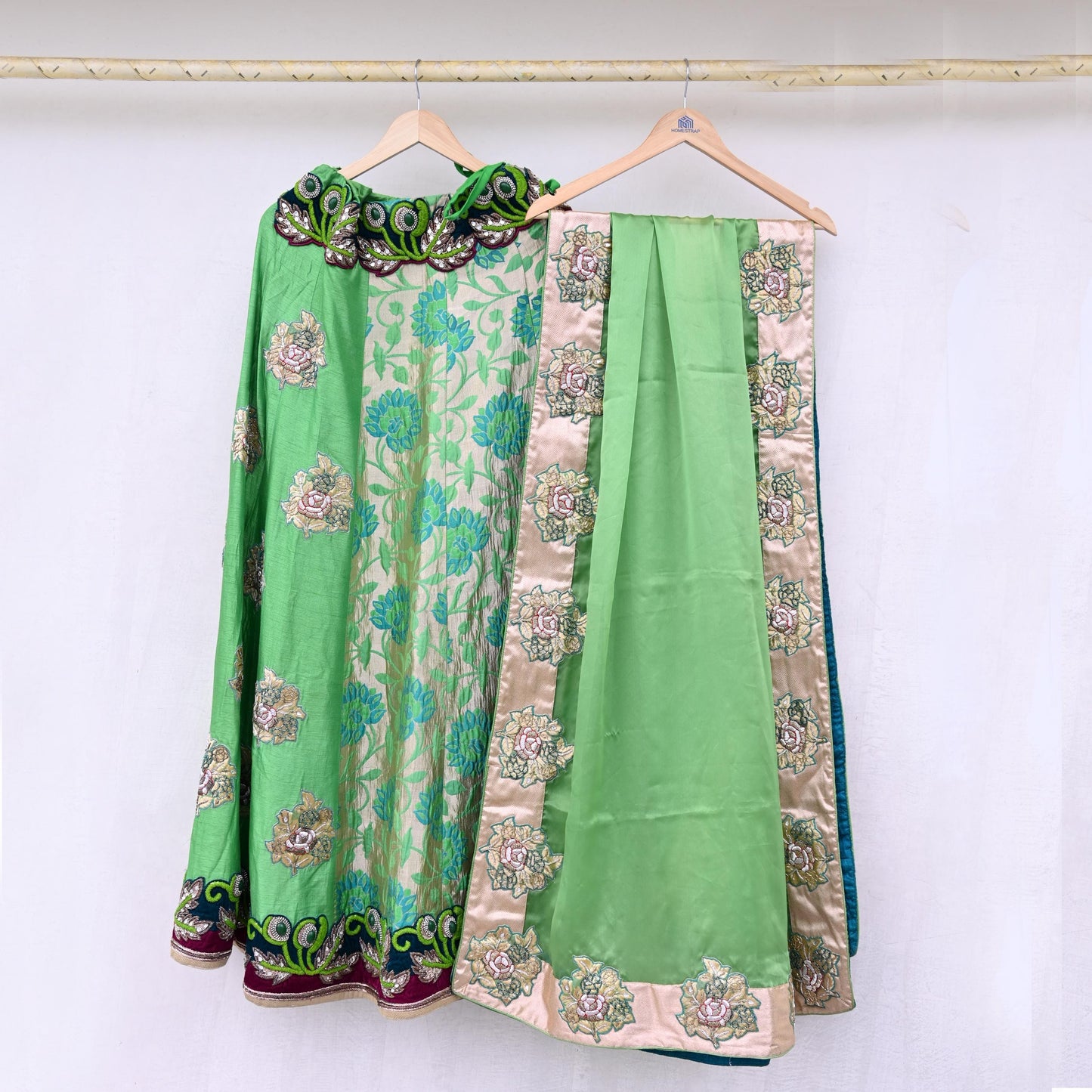 Indian Pre-owned Heavy Green Pure Chanderi Silk Hand Embroidered Lehenga Set Of 2pcs Designer By Manish Malhotra Party Wear