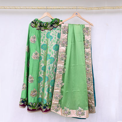Indian Pre-owned Heavy Green Pure Chanderi Silk Hand Embroidered Lehenga Set Of 2pcs Designer By Manish Malhotra Party Wear