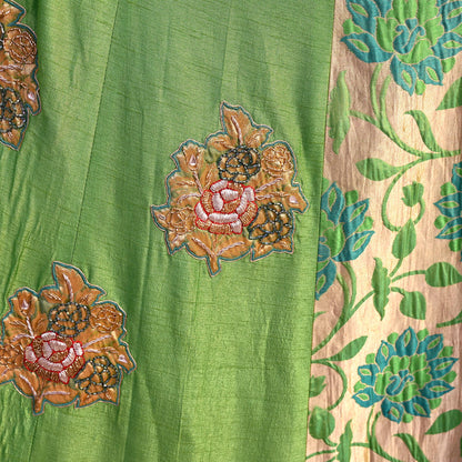 Indian Pre-owned Heavy Green Pure Chanderi Silk Hand Embroidered Lehenga Set Of 2pcs Designer By Manish Malhotra Party Wear