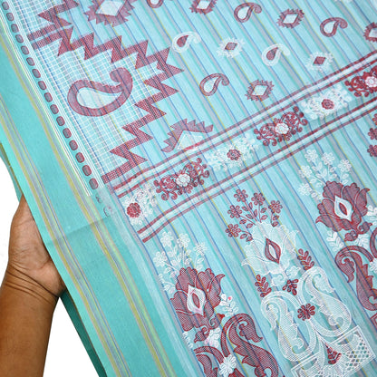 Indian Vintage Sari Green Hand Painted Pure Cotton Sarees Craft Fabric 5Yard Sewing Sarong Wrap Boho Dress making Crafting Upcycle Geometric