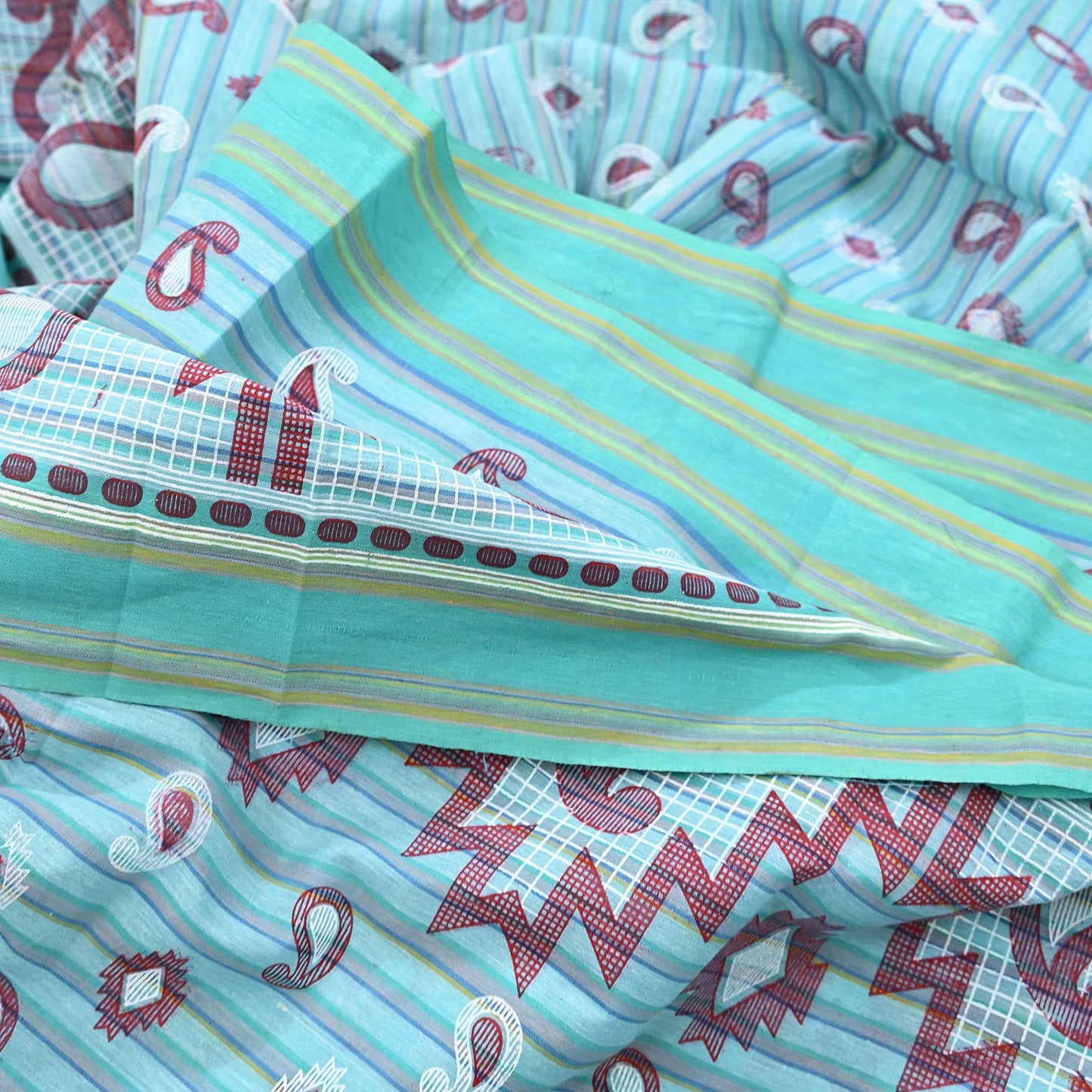 Indian Vintage Sari Green Hand Painted Pure Cotton Sarees Craft Fabric 5Yard Sewing Sarong Wrap Boho Dress making Crafting Upcycle Geometric