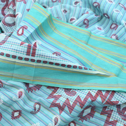 Indian Vintage Sari Green Hand Painted Pure Cotton Sarees Craft Fabric 5Yard Sewing Sarong Wrap Boho Dress making Crafting Upcycle Geometric