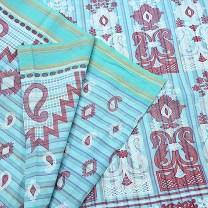 Indian Vintage Sari Green Hand Painted Pure Cotton Sarees Craft Fabric 5Yard Sewing Sarong Wrap Boho Dress making Crafting Upcycle Geometric