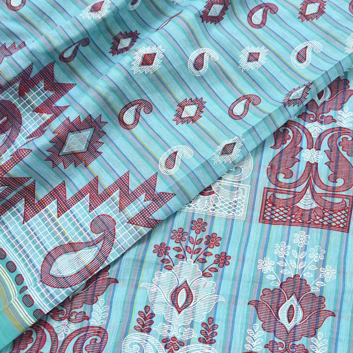 Indian Vintage Sari Green Hand Painted Pure Cotton Sarees Craft Fabric 5Yard Sewing Sarong Wrap Boho Dress making Crafting Upcycle Geometric