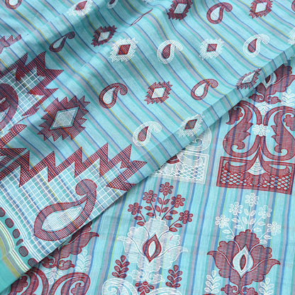 Indian Vintage Sari Green Hand Painted Pure Cotton Sarees Craft Fabric 5Yard Sewing Sarong Wrap Boho Dress making Crafting Upcycle Geometric