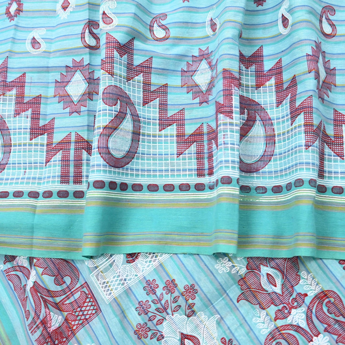 Indian Vintage Sari Green Hand Painted Pure Cotton Sarees Craft Fabric 5Yard Sewing Sarong Wrap Boho Dress making Crafting Upcycle Geometric