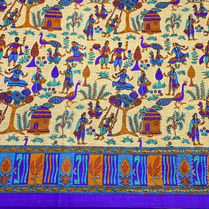 Indian Vintage Sari Blue & Beige Artificial Silk Hand Embroidered Kantha Sarees Craft Fabric 5yd Sewing Soft Dress Making Crafting Upcycle