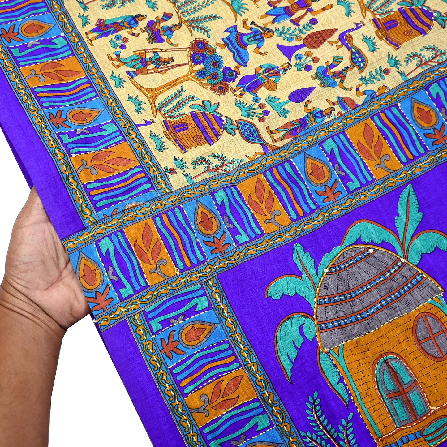 Indian Vintage Sari Blue & Beige Artificial Silk Hand Embroidered Kantha Sarees Craft Fabric 5yd Sewing Soft Dress Making Crafting Upcycle