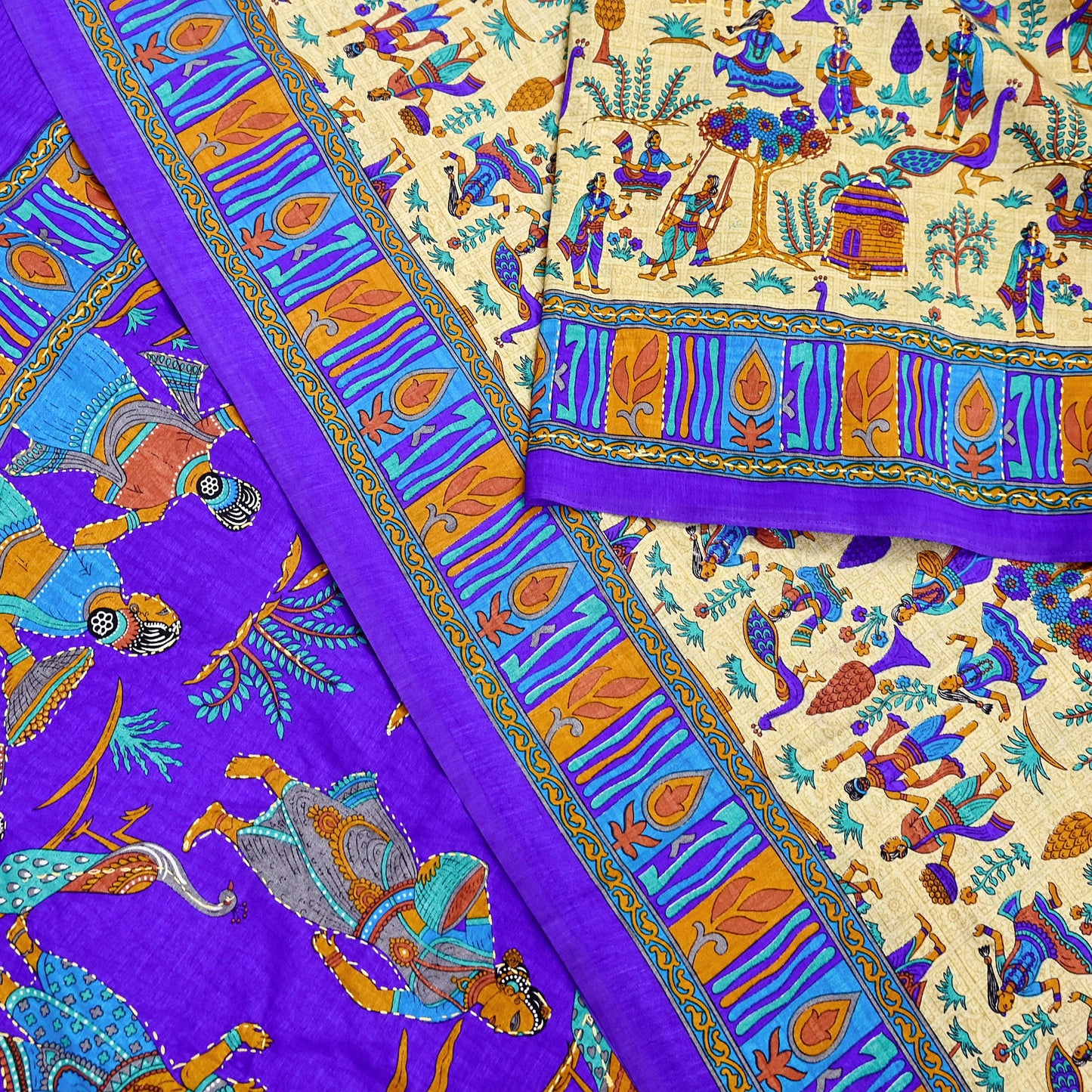 Indian Vintage Sari Blue & Beige Artificial Silk Hand Embroidered Kantha Sarees Craft Fabric 5yd Sewing Soft Dress Making Crafting Upcycle