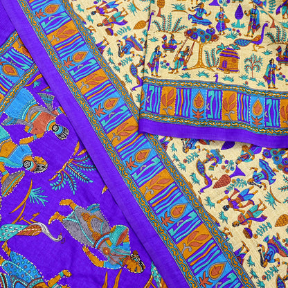 Indian Vintage Sari Blue & Beige Artificial Silk Hand Embroidered Kantha Sarees Craft Fabric 5yd Sewing Soft Dress Making Crafting Upcycle