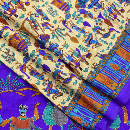 Indian Vintage Sari Blue & Beige Artificial Silk Hand Embroidered Kantha Sarees Craft Fabric 5yd Sewing Soft Dress Making Crafting Upcycle