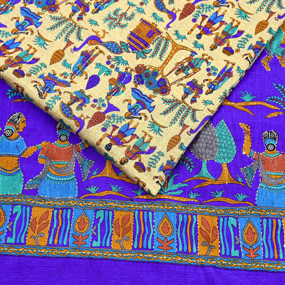 Indian Vintage Sari Blue & Beige Artificial Silk Hand Embroidered Kantha Sarees Craft Fabric 5yd Sewing Soft Dress Making Crafting Upcycle