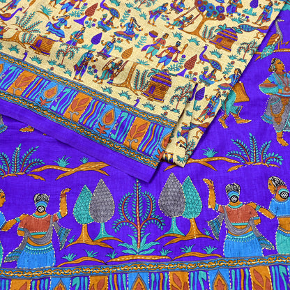 Indian Vintage Sari Blue & Beige Artificial Silk Hand Embroidered Kantha Sarees Craft Fabric 5yd Sewing Soft Dress Making Crafting Upcycle