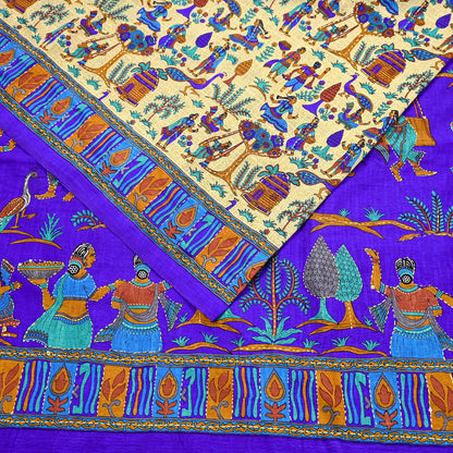 Indian Vintage Sari Blue & Beige Artificial Silk Hand Embroidered Kantha Sarees Craft Fabric 5yd Sewing Soft Dress Making Crafting Upcycle