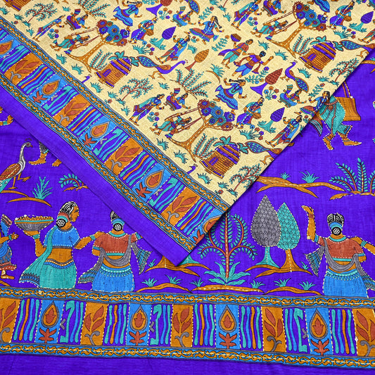 Indian Vintage Sari Blue & Beige Artificial Silk Hand Embroidered Kantha Sarees Craft Fabric 5yd Sewing Soft Dress Making Crafting Upcycle