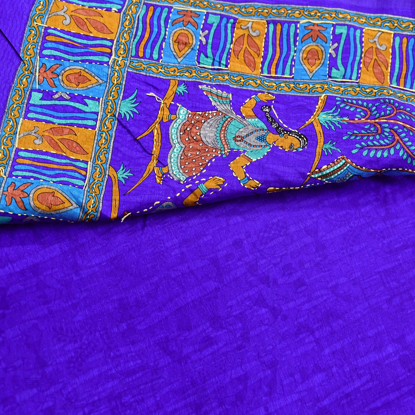 Indian Vintage Sari Blue & Beige Artificial Silk Hand Embroidered Kantha Sarees Craft Fabric 5yd Sewing Soft Dress Making Crafting Upcycle