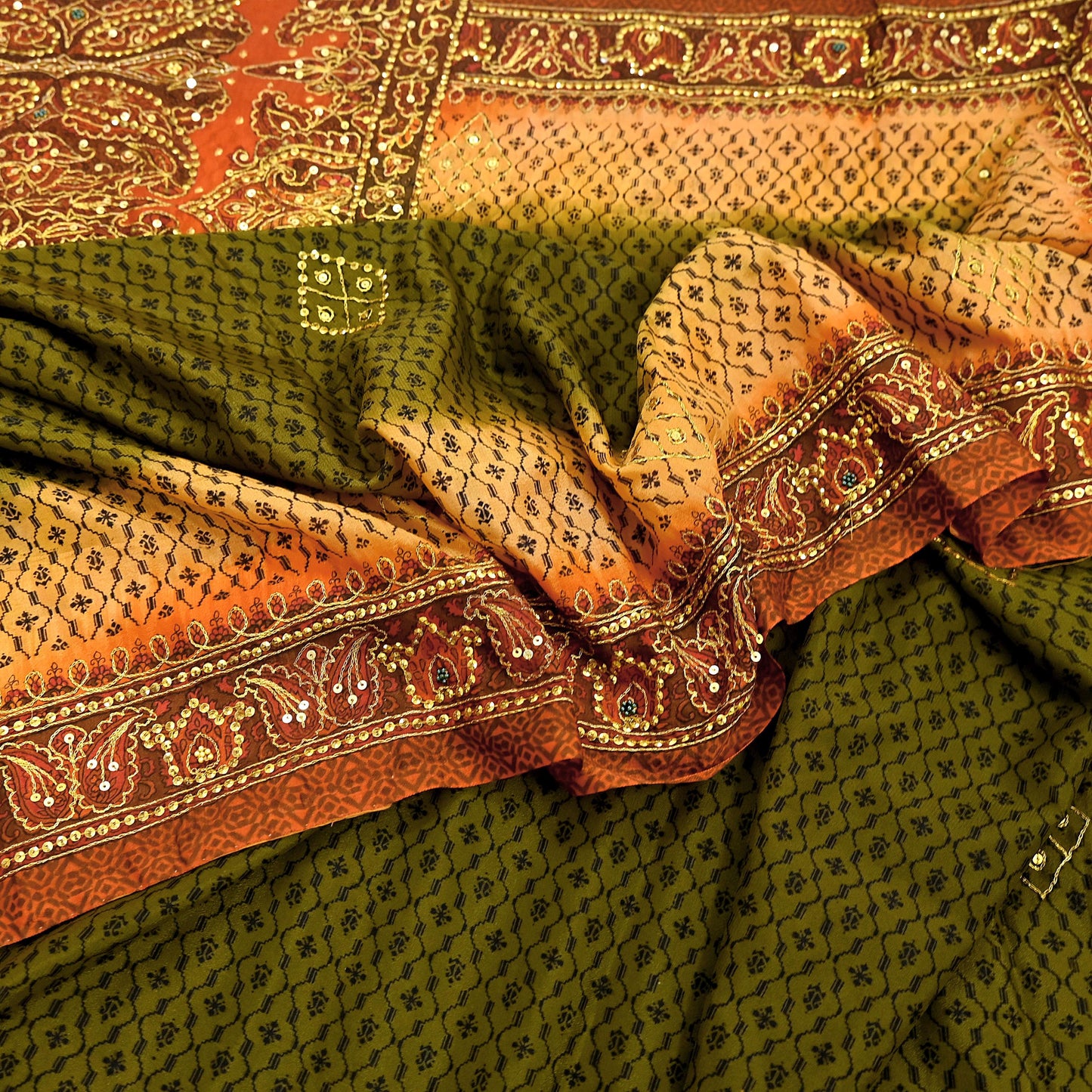 Indian Vintage Sari Green & Orange Artificial Silk Hand Embroidered Sarees Craft Fabric 5Yd Sewing Soft Zardozi/Zari Upcycle Dress Making