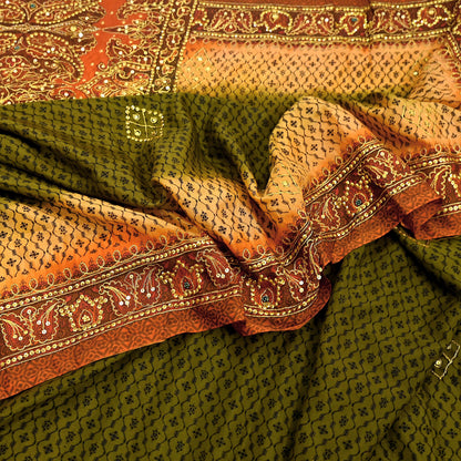 Indian Vintage Sari Green & Orange Artificial Silk Hand Embroidered Sarees Craft Fabric 5Yd Sewing Soft Zardozi/Zari Upcycle Dress Making